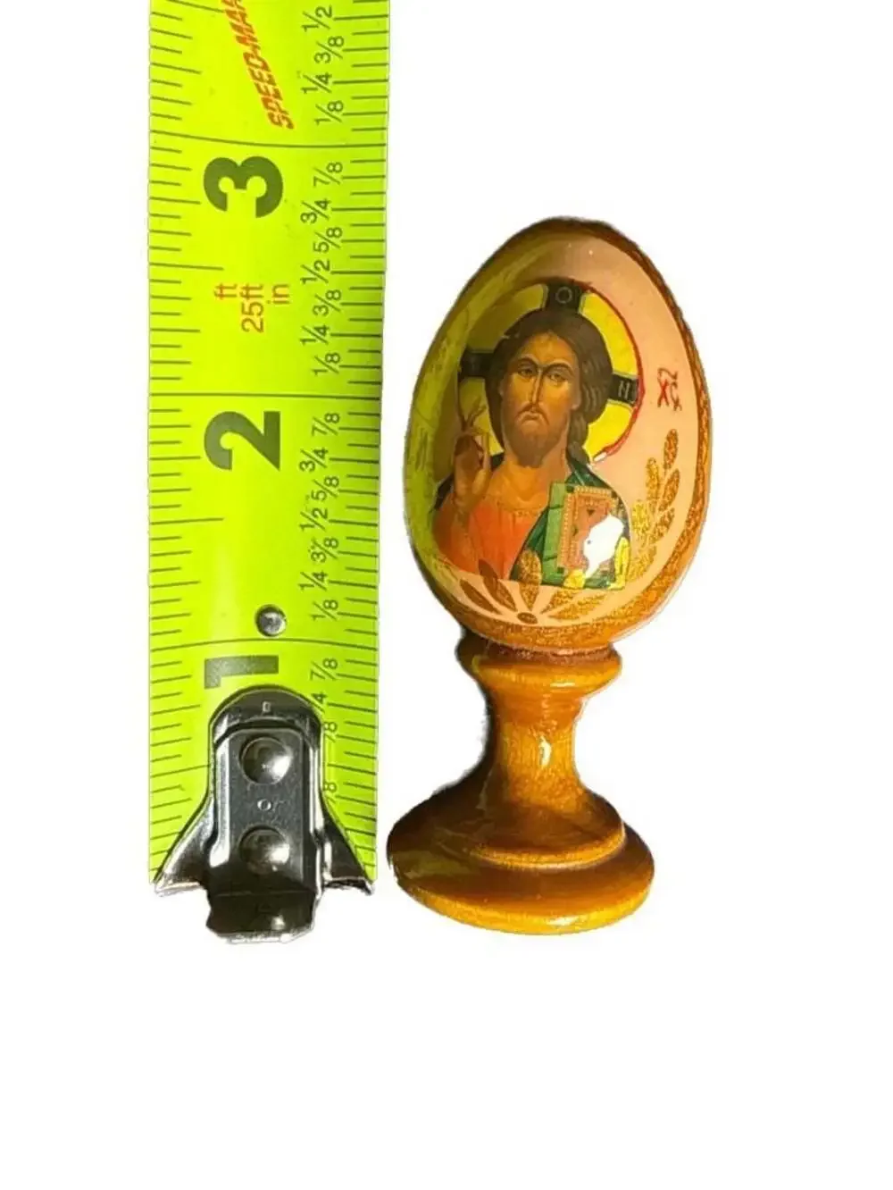 Russian Orthodox Hand Painted Wood Lacquer Icon Egg Stand Christ Pantocrator 3”